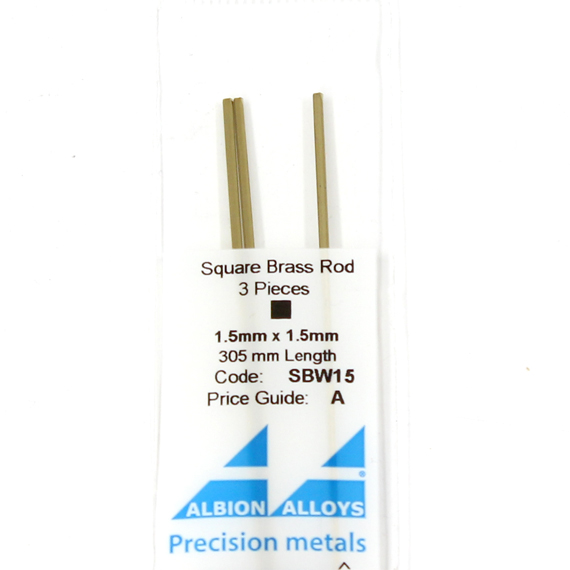 Albion Alloys SBW15 Square Brass Rod 1.5mm square 3 pieces 